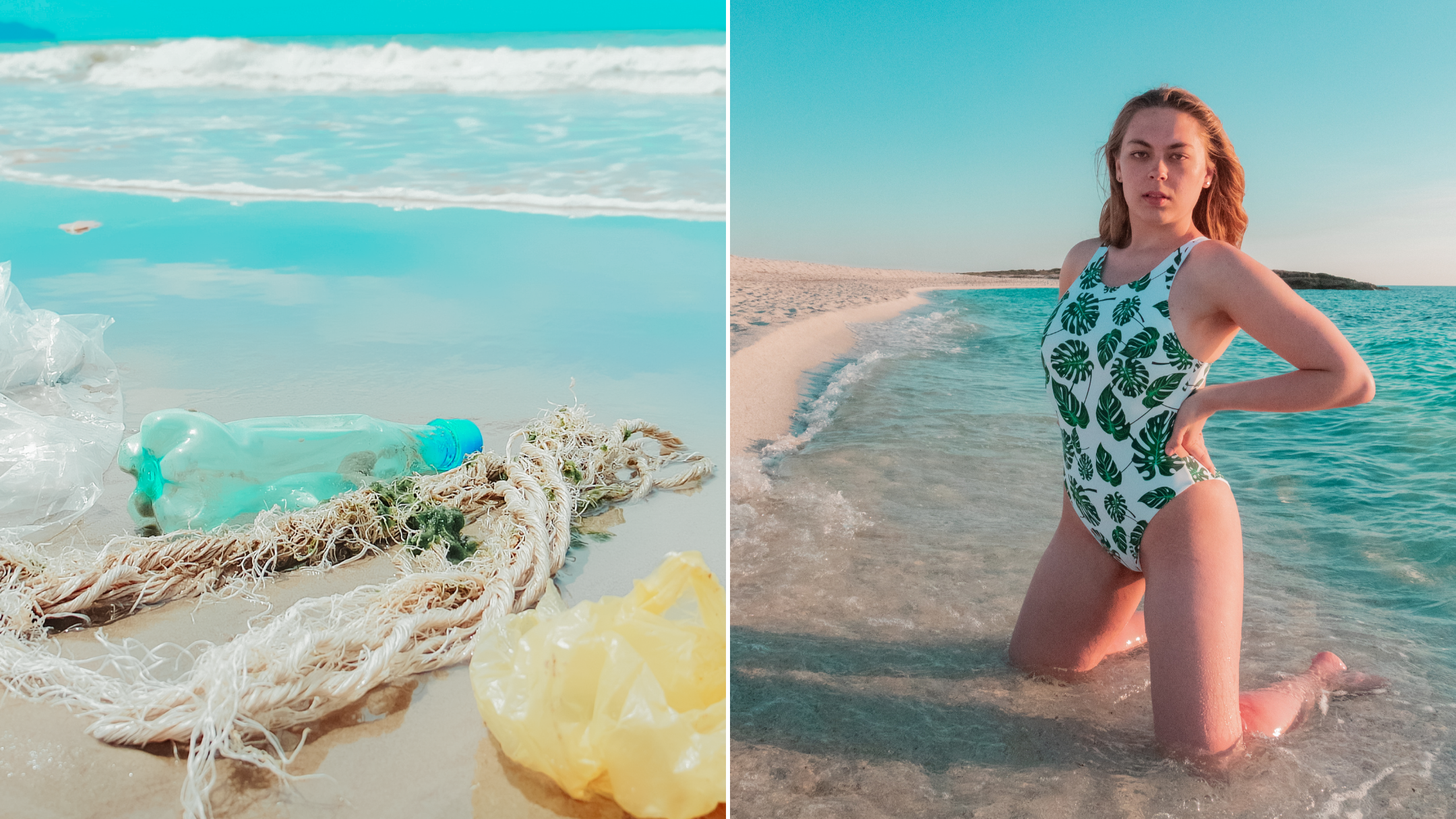 Fischernetze und Müll am Strand, Frau am Strand in bekeen Badeanzug Monstera "jungle"